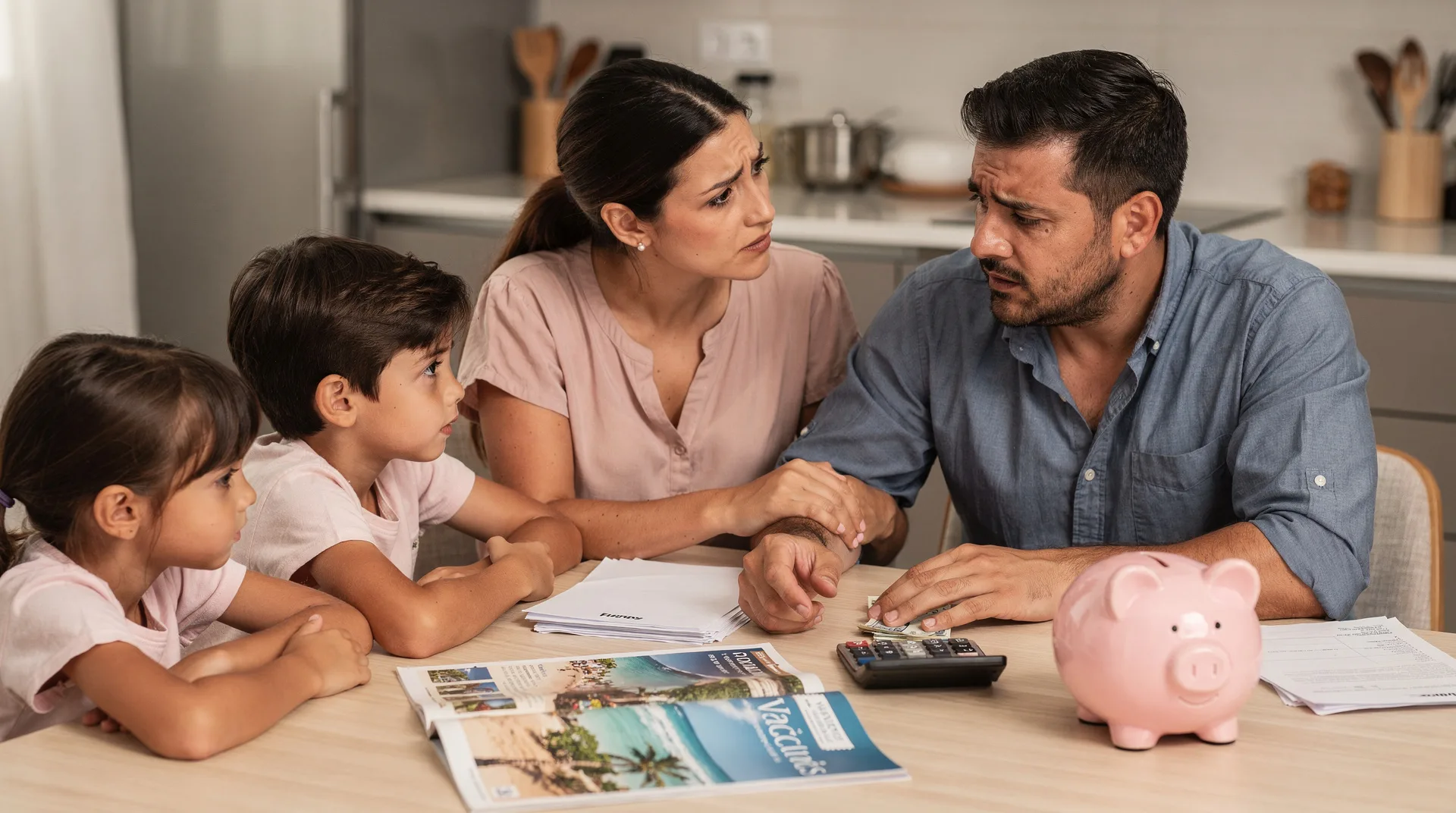 Spanish family looking at bills and vacation brochures on kitchen table, calculator and piggy bank v