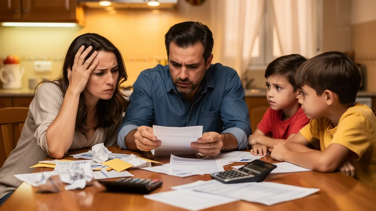 Spanish family looking stressed while reviewing bills and bank statements on kitchen table, calculat