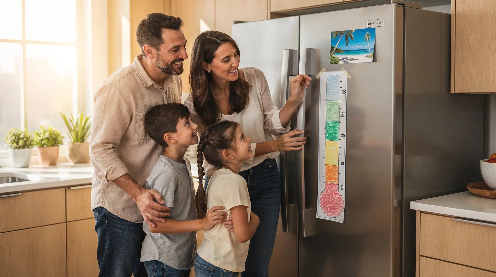Familia en casa mirando un termómetro de ahorro dibujado a mano pegado en la nevera con una foto de un destino de viaje