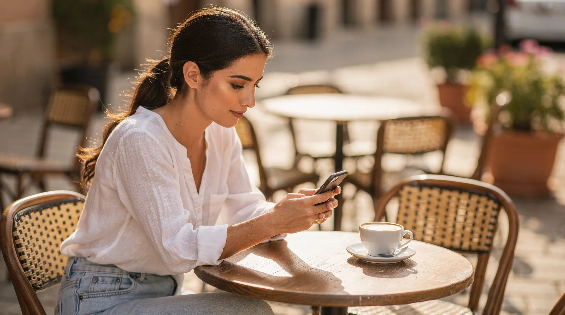 Persona joven revisando su cuenta bancaria en el móvil junto a una taza de café en una terraza de verano en España