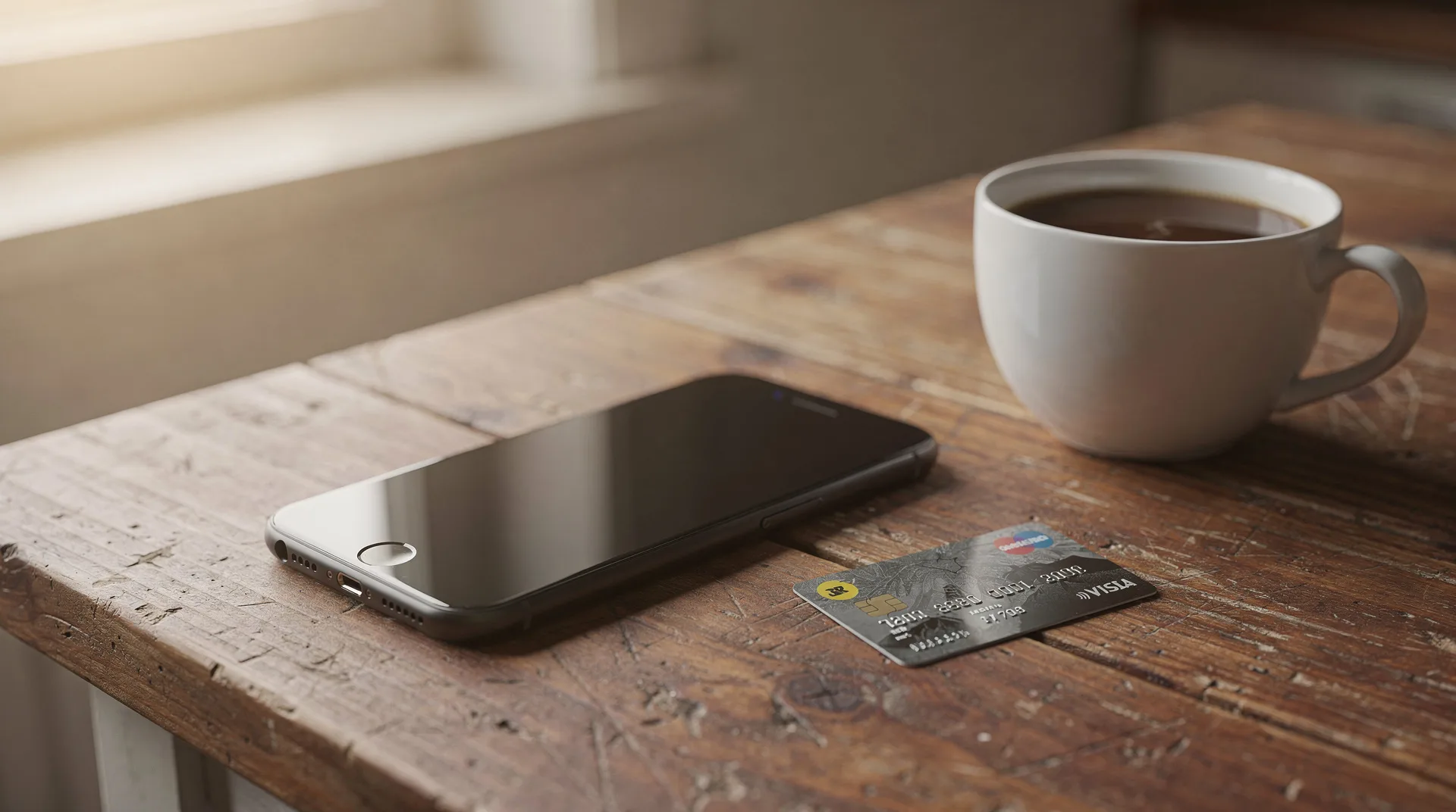 Smartphone sobre una mesa de cocina de madera junto a una tarjeta bancaria y una taza de café, con luz suave de mañana