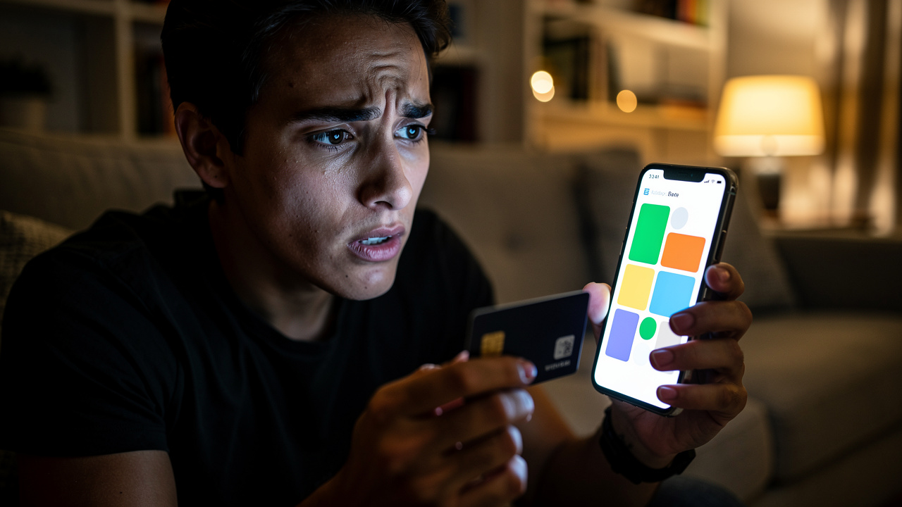 Spanish person looking worried at smartphone screen showing fake banking app, holding credit card, m