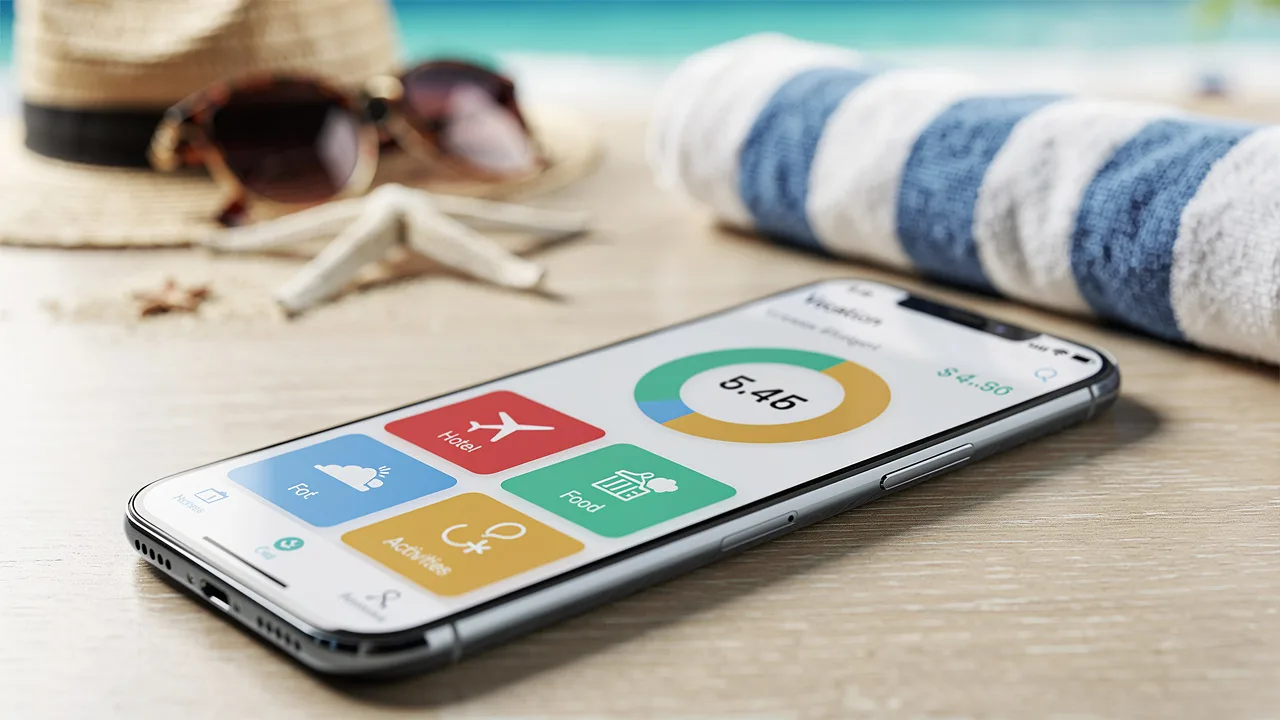 Smartphone screen showing expense tracking app with vacation budget categories, beach vacation items