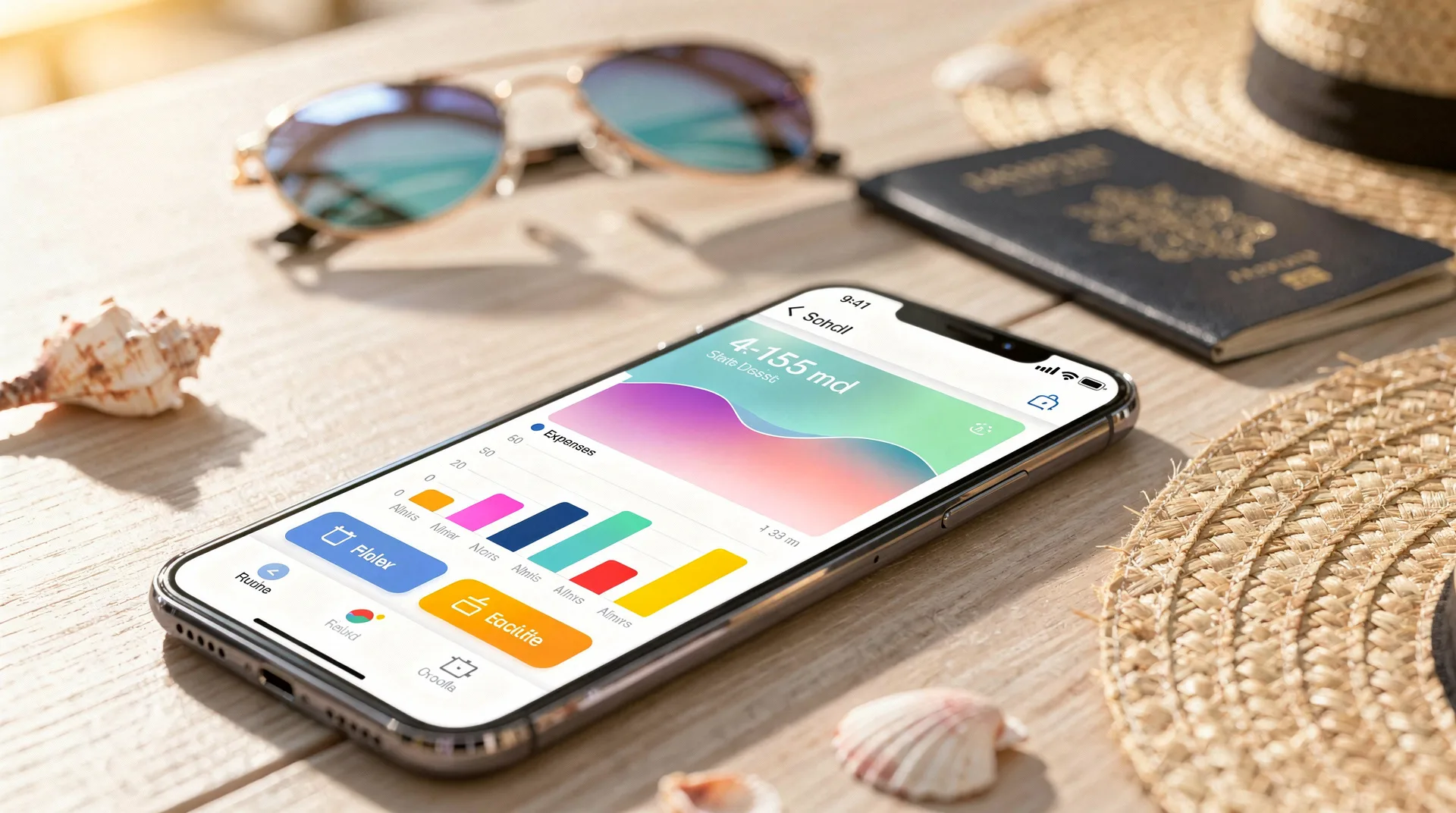 Modern smartphone displaying colorful financial app interface with expense tracking charts and vacat