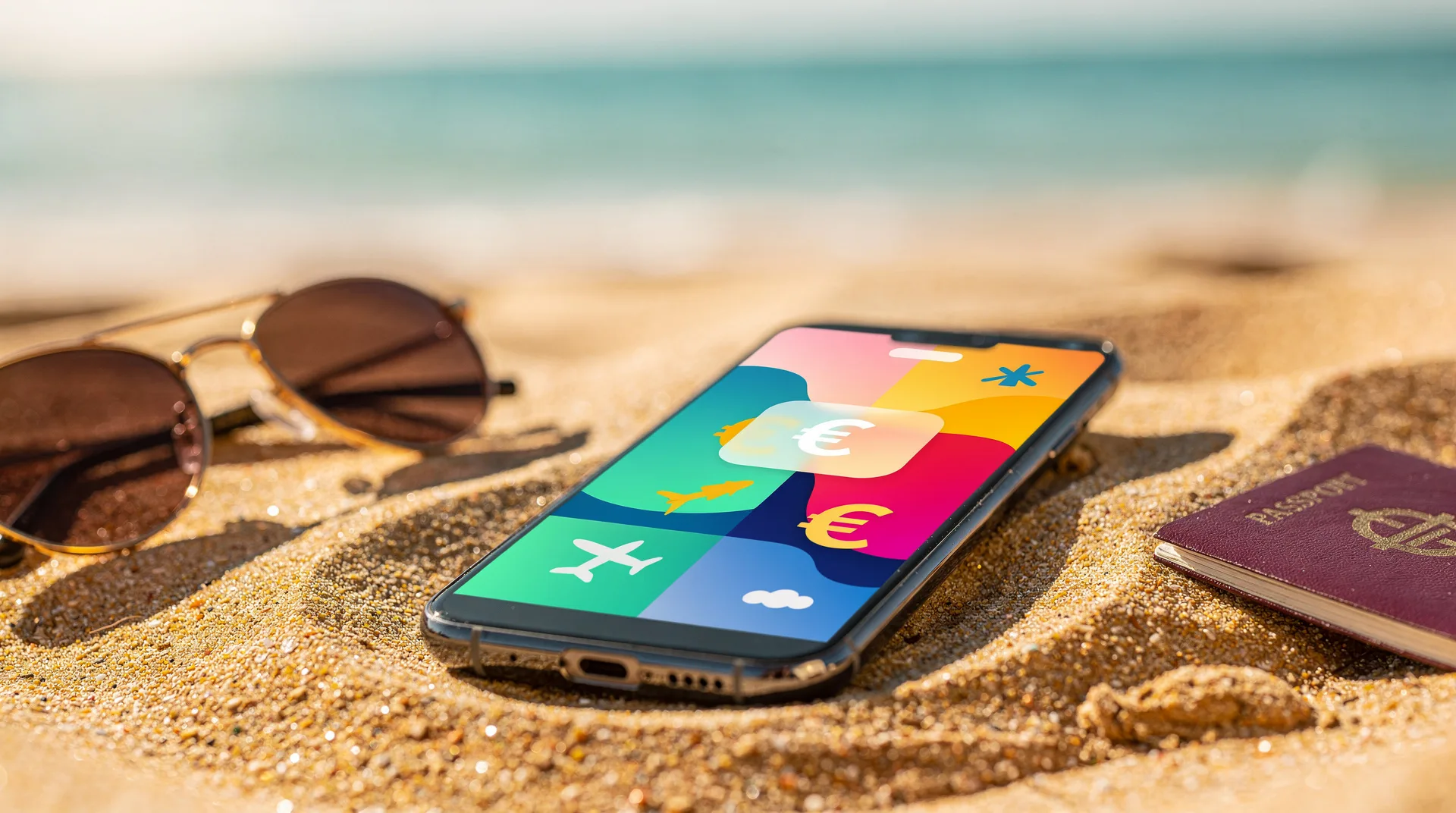Modern smartphone displaying colorful fintech app interface with vacation savings dashboard, euro sy