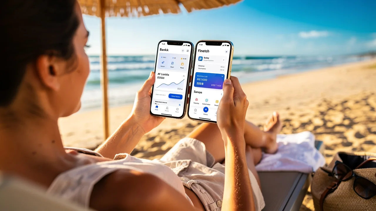 Person using smartphone banking app on beach vacation, comparing traditional bank vs fintech app int