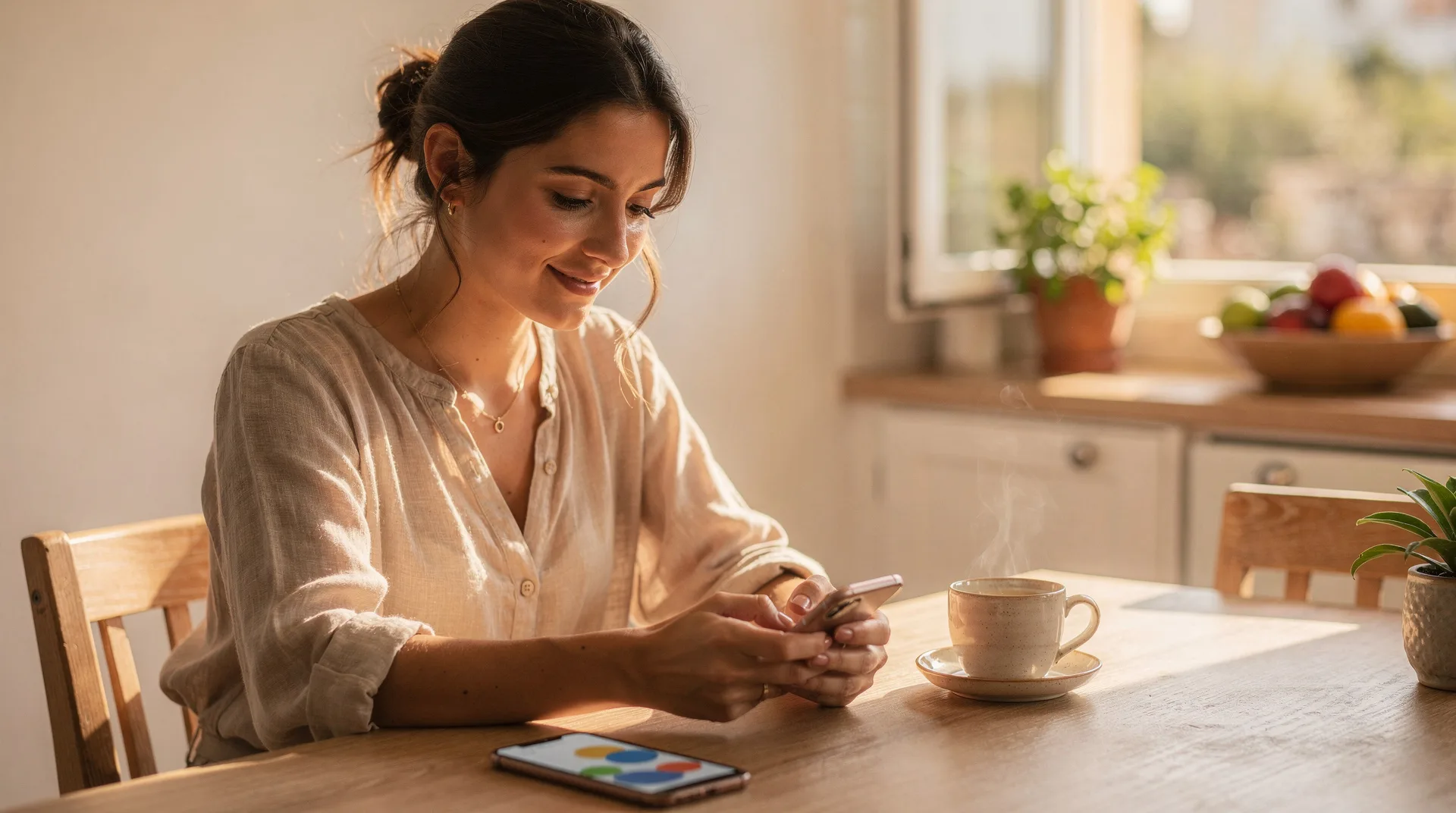 Persona usando una app de finanzas personales en el móvil mientras planifica sus gastos de verano sentada en casa