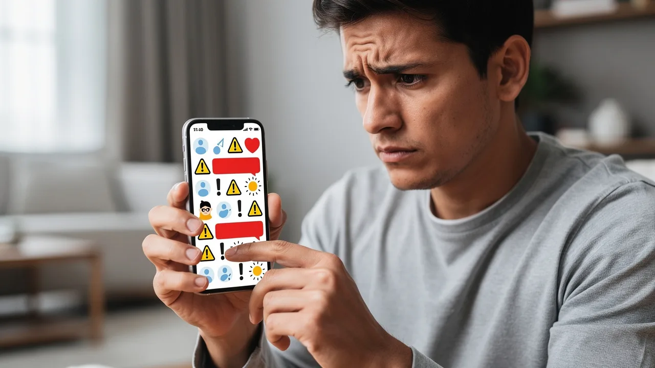 Smartphone screen showing fake loan app interface with warning symbols, Spanish person looking conce