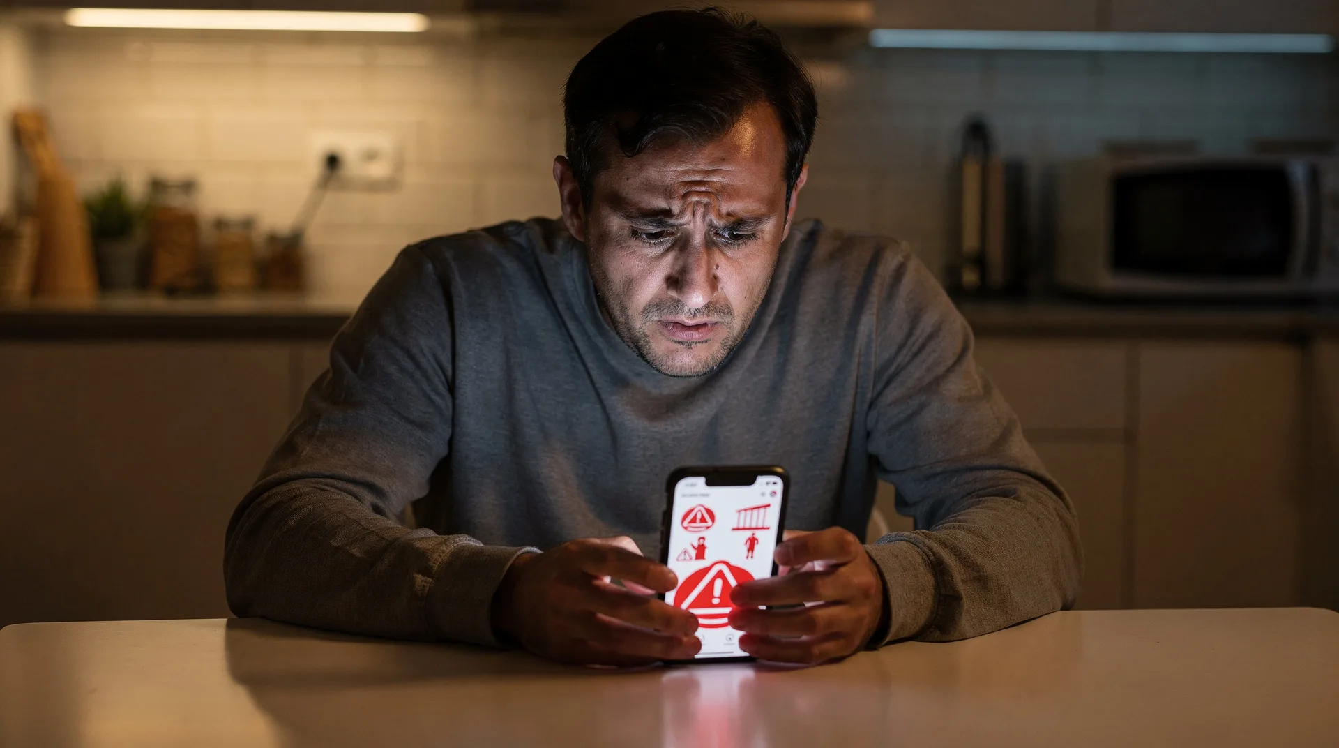 Persona mirando el móvil con gesto de desconfianza ante una app de préstamos con señales de alerta en pantalla