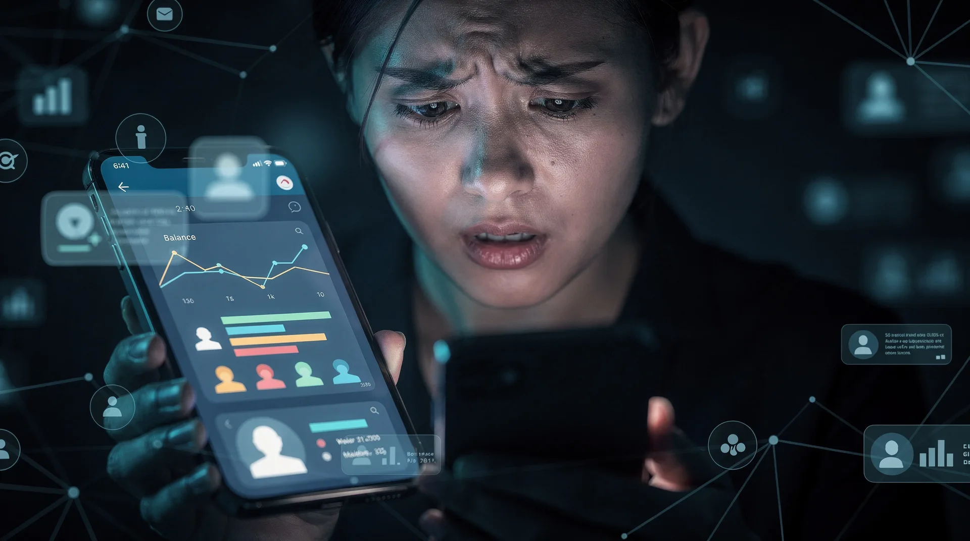 Person looking worried at smartphone screen showing personal data being shared, privacy breach conce