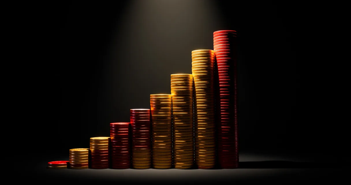 Gráfico de barras con monedas apiladas representando datos financieros