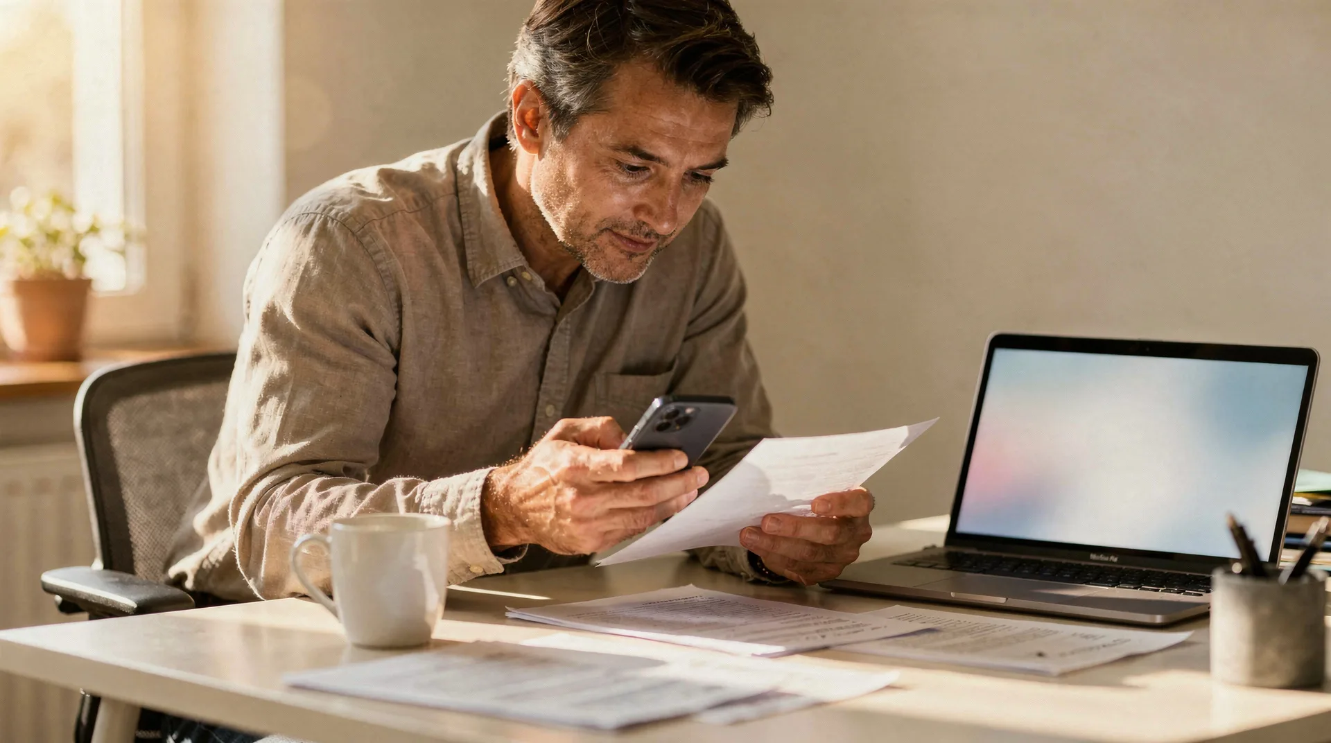 Autónomo con ordenador portátil revisando opciones de préstamo online en su taller o espacio de trabajo