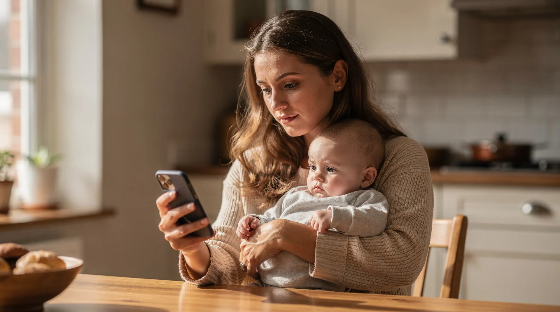 Madre revisando su teléfono móvil mientras gestiona trámites online con su bebé en brazos