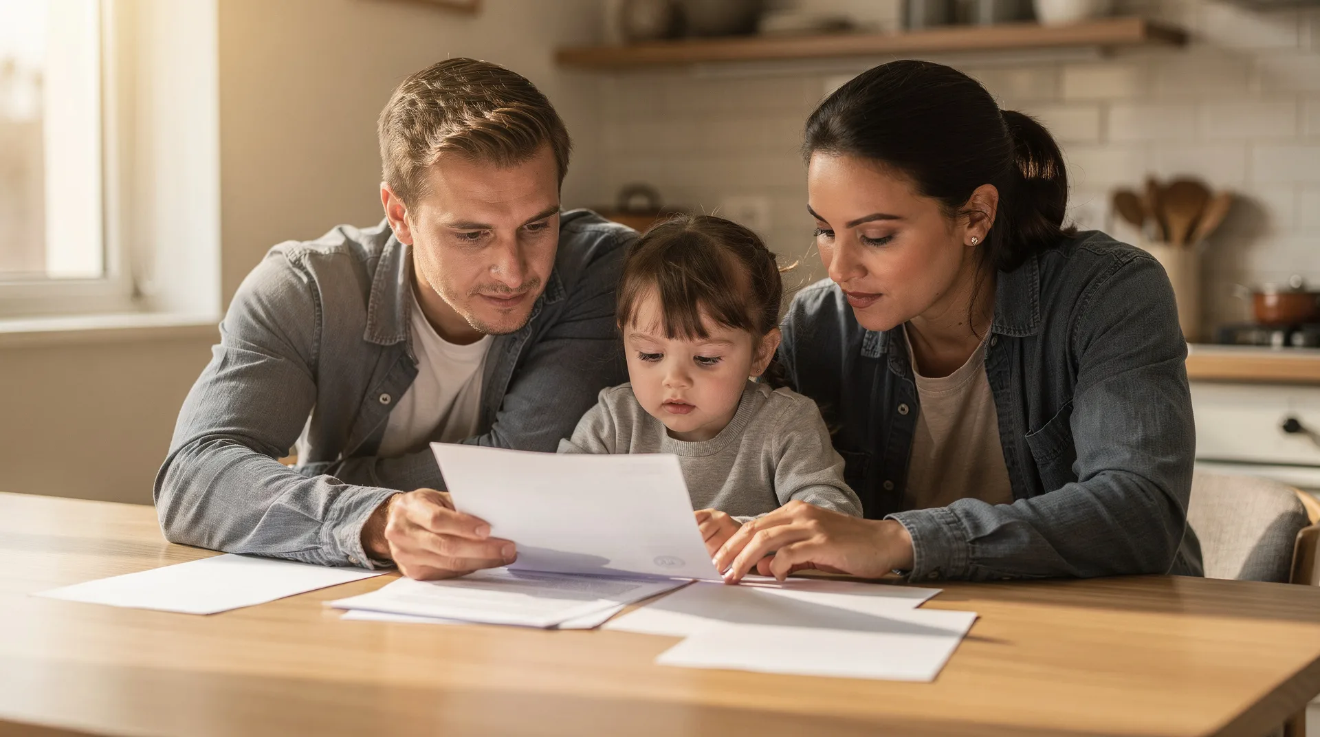 Familia con niños revisando documentos de ayudas públicas en casa