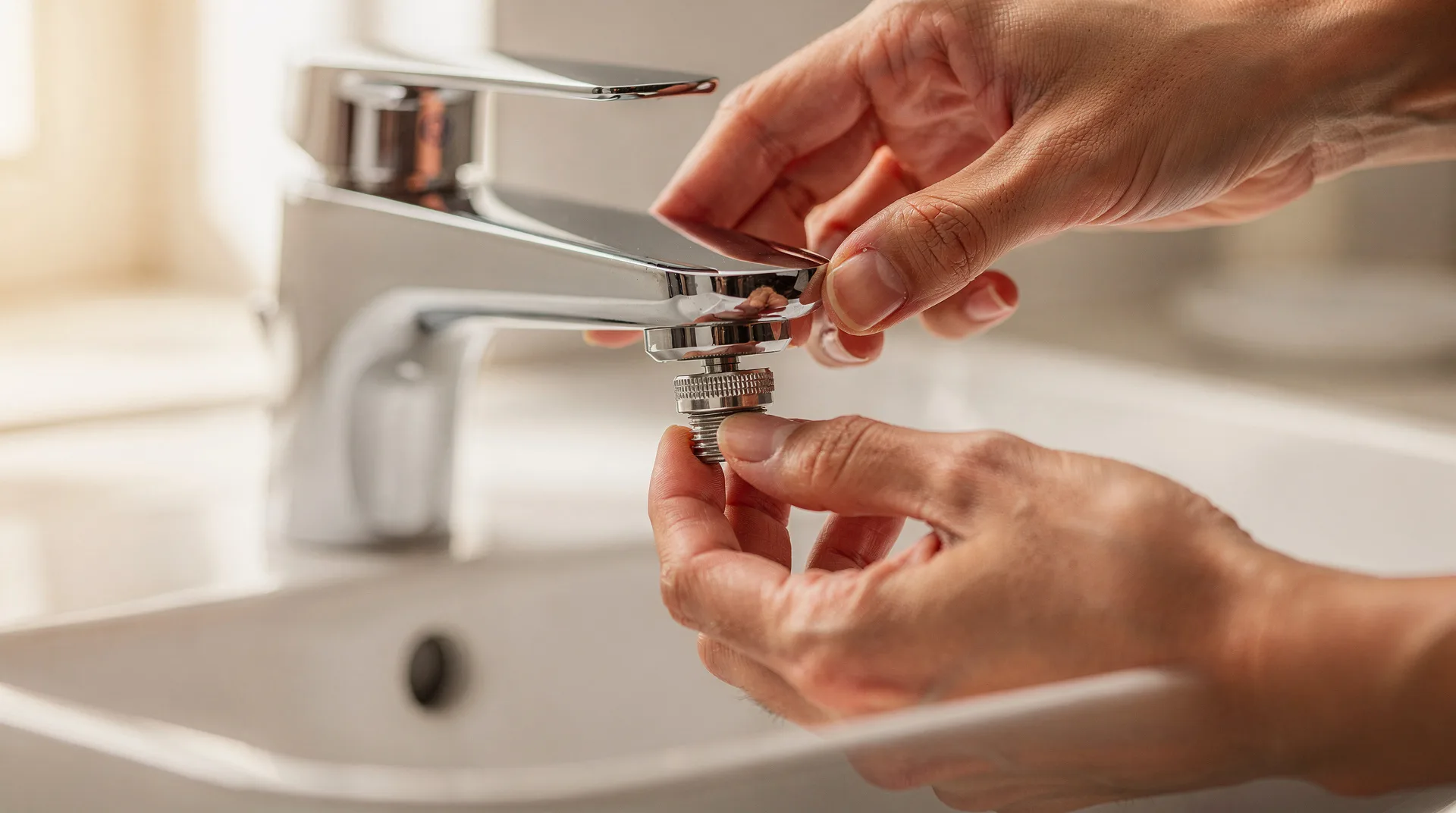 Manos de una persona instalando un aireador en el grifo de un lavabo doméstico en verano