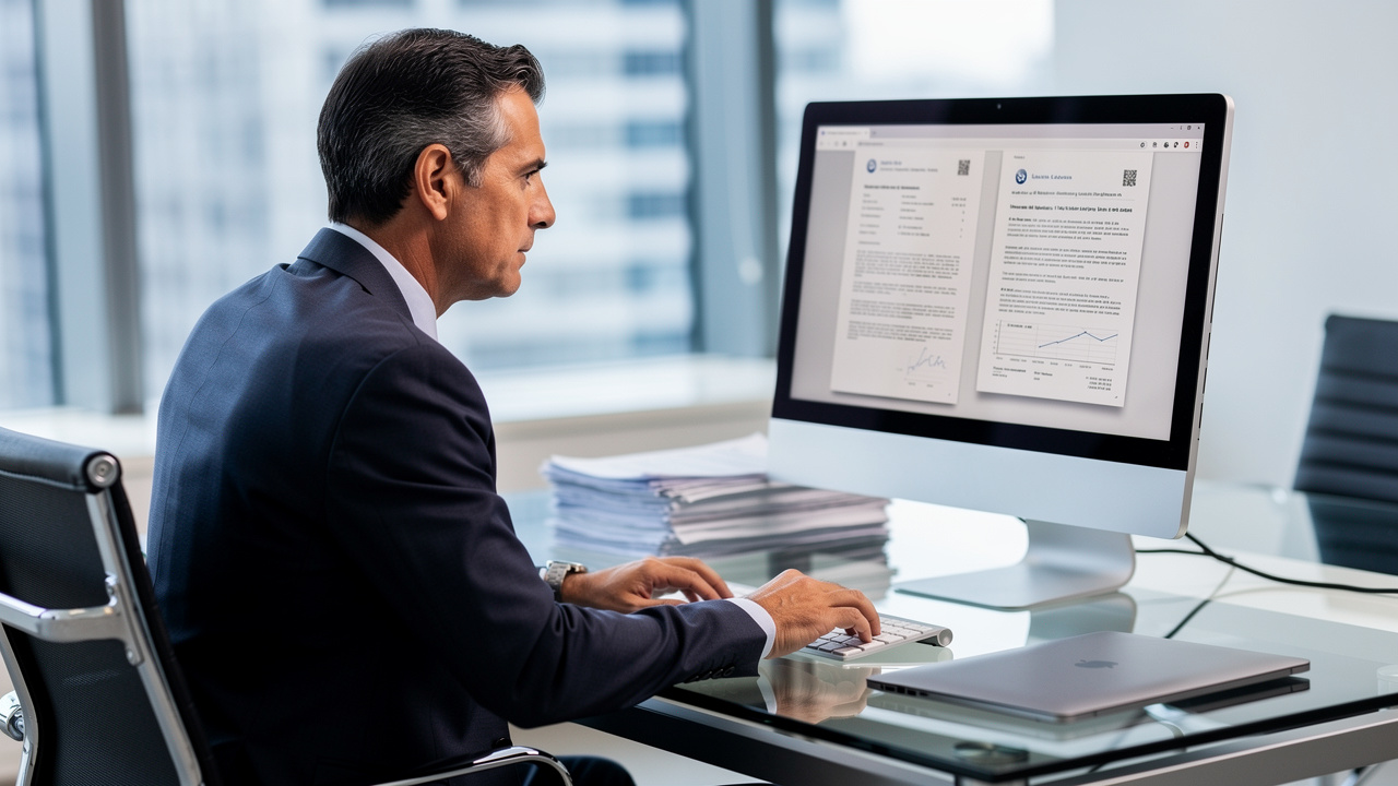 Professional Spanish banker in modern office reviewing loan rejection documents on computer screen, 