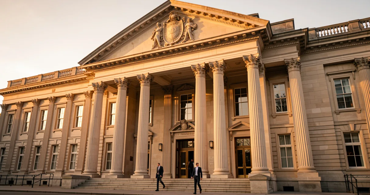 Fachada del Banco de España con columnas neoclásicas al amanecer