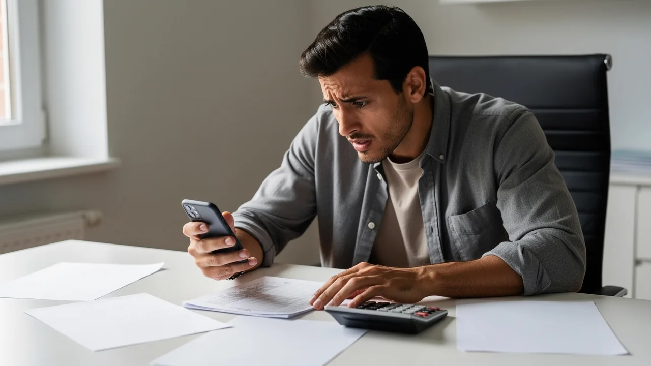 Spanish person checking bank statements on smartphone with calculator and papers on desk, worried ex
