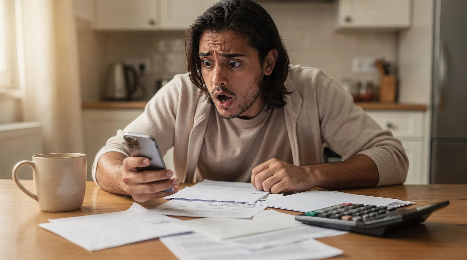 Spanish person looking shocked while checking bank statement on smartphone, sitting at kitchen table