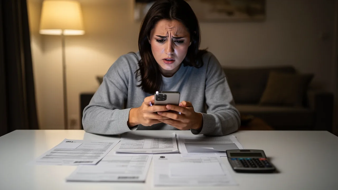 Spanish person checking bank statements on smartphone with worried expression, bank documents and ca