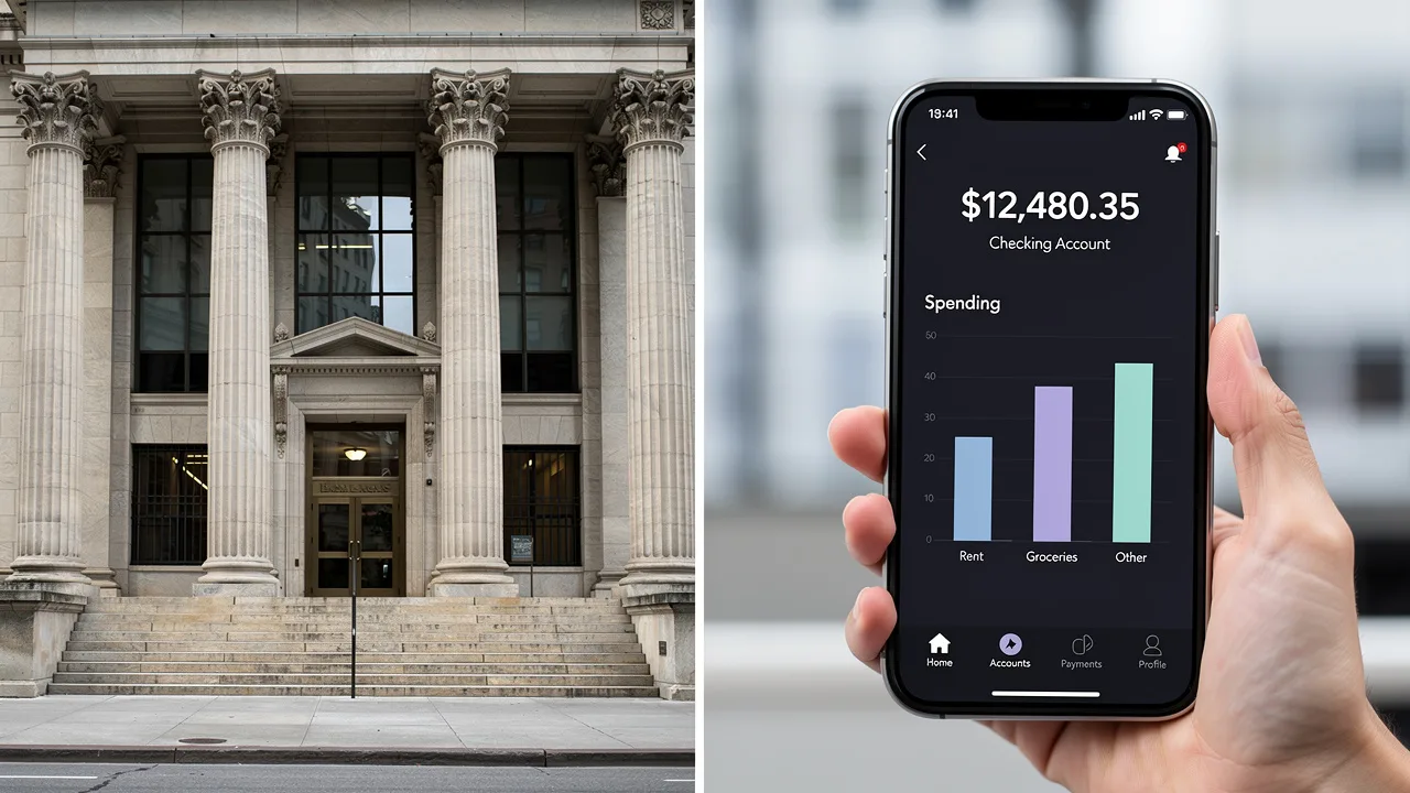 Split screen comparison showing traditional bank building on left side and modern smartphone with fi