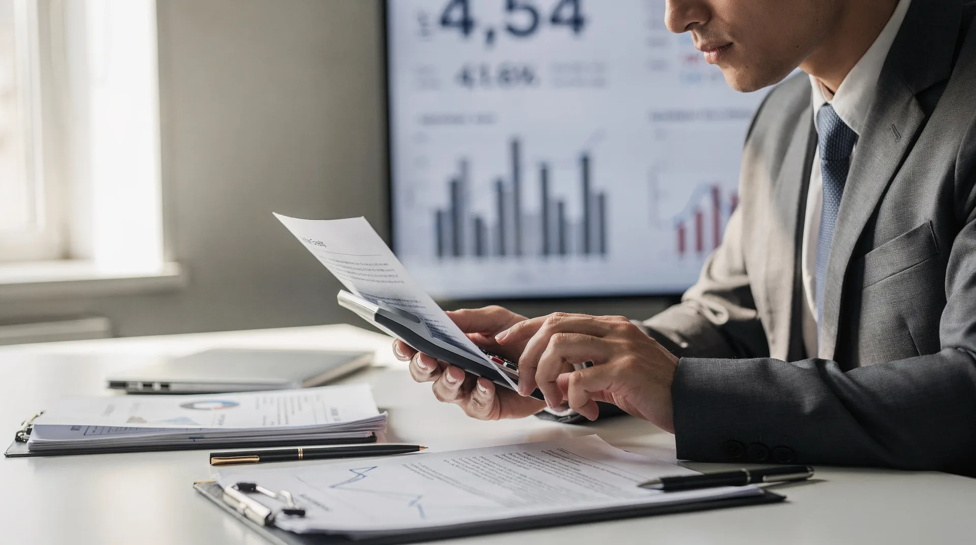 Persona revisando documentos financieros y calculadora sobre una mesa con gráficos de tipos de interés al fondo