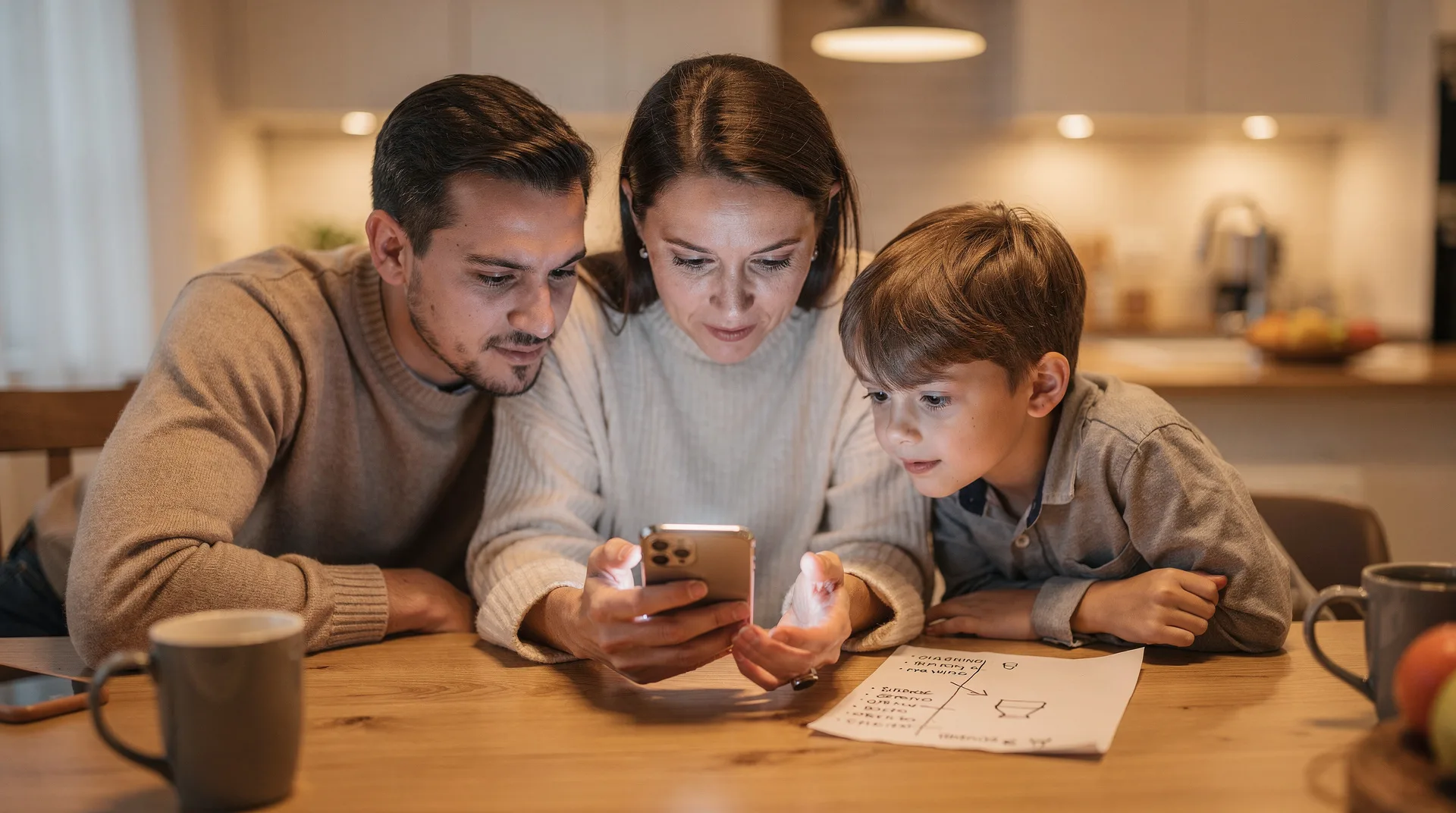Familia revisando una lista de compras en el móvil frente a la pantalla de un ordenador con ofertas de Black Friday