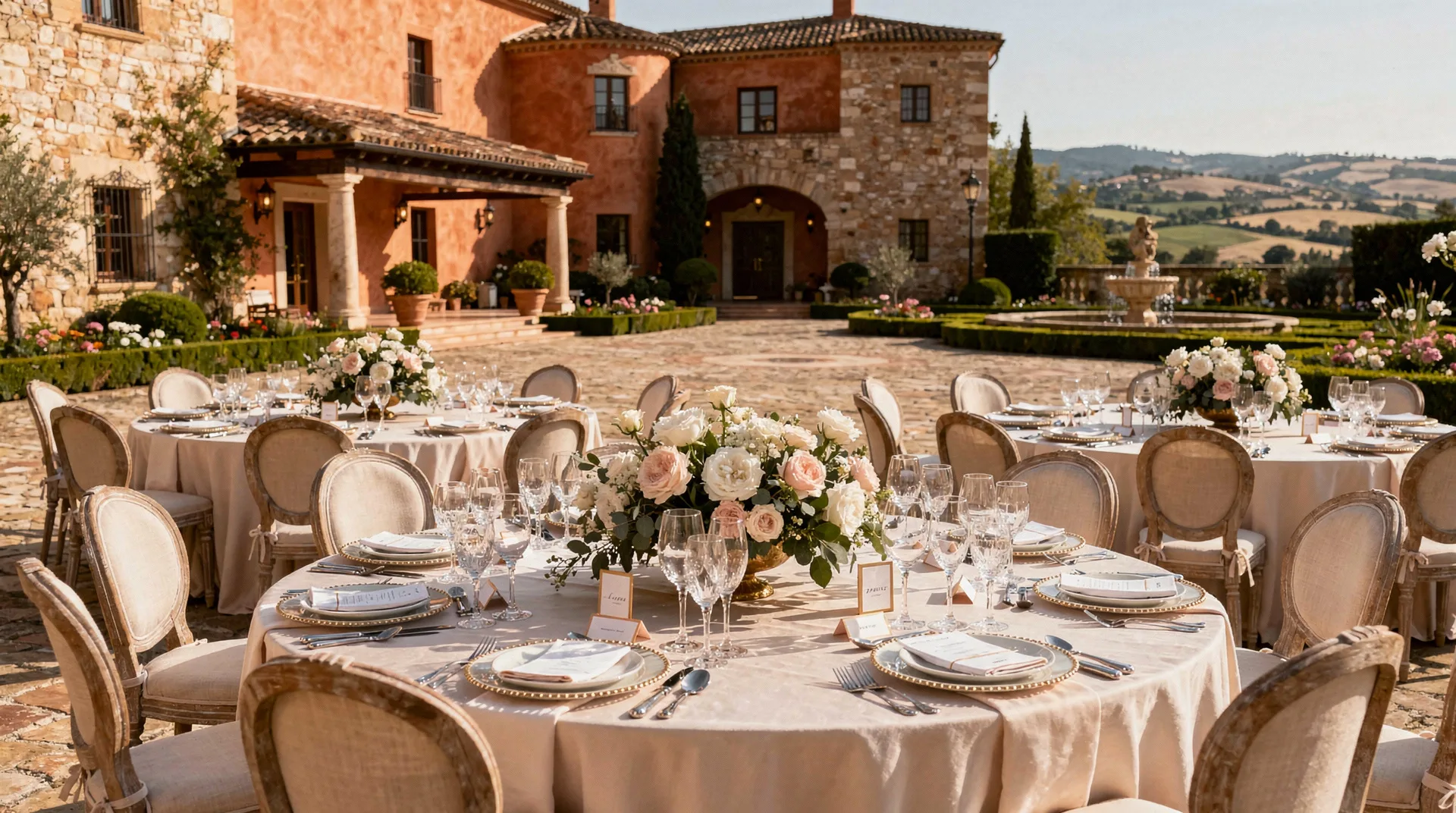Spanish wedding venue with elegant tables and chairs setup, expensive floral centerpieces, outdoor c