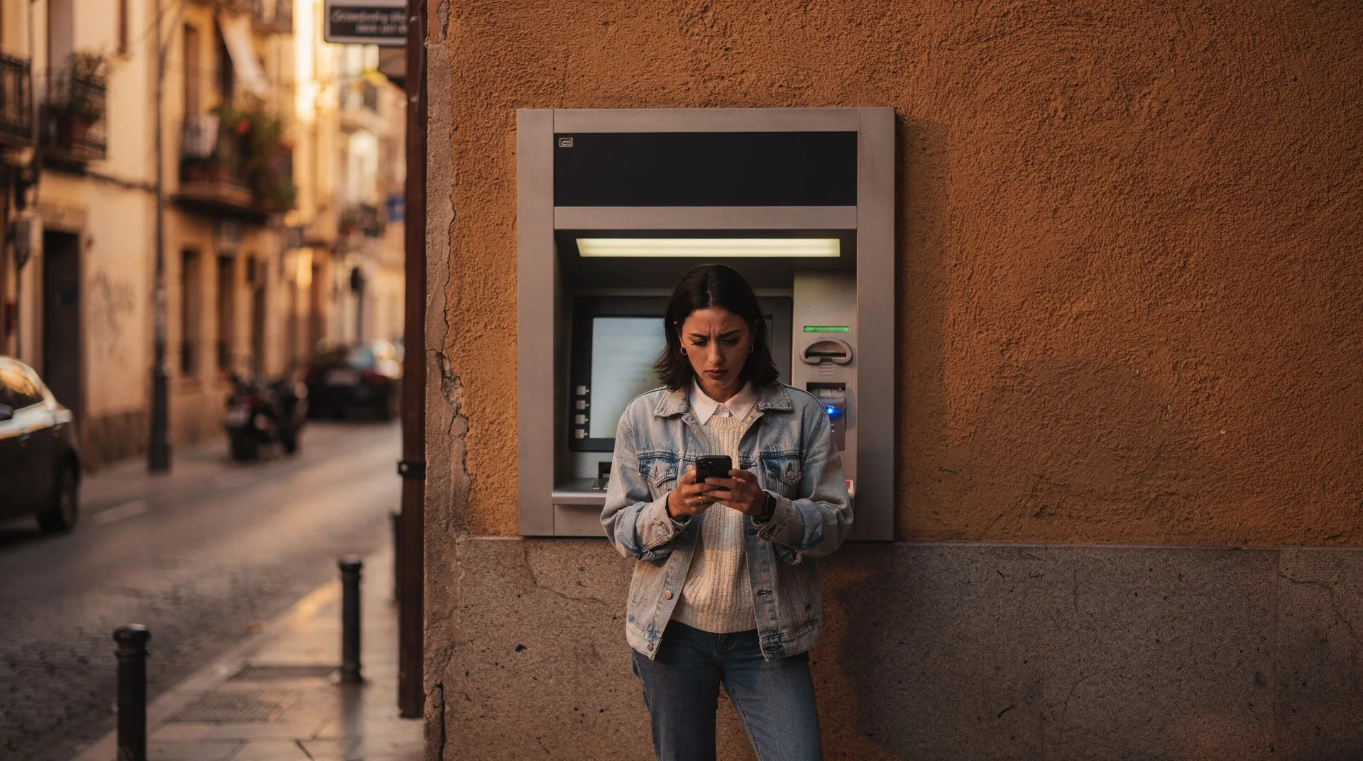 Persona intentando sacar dinero de un cajero automático fuera de servicio en una calle española