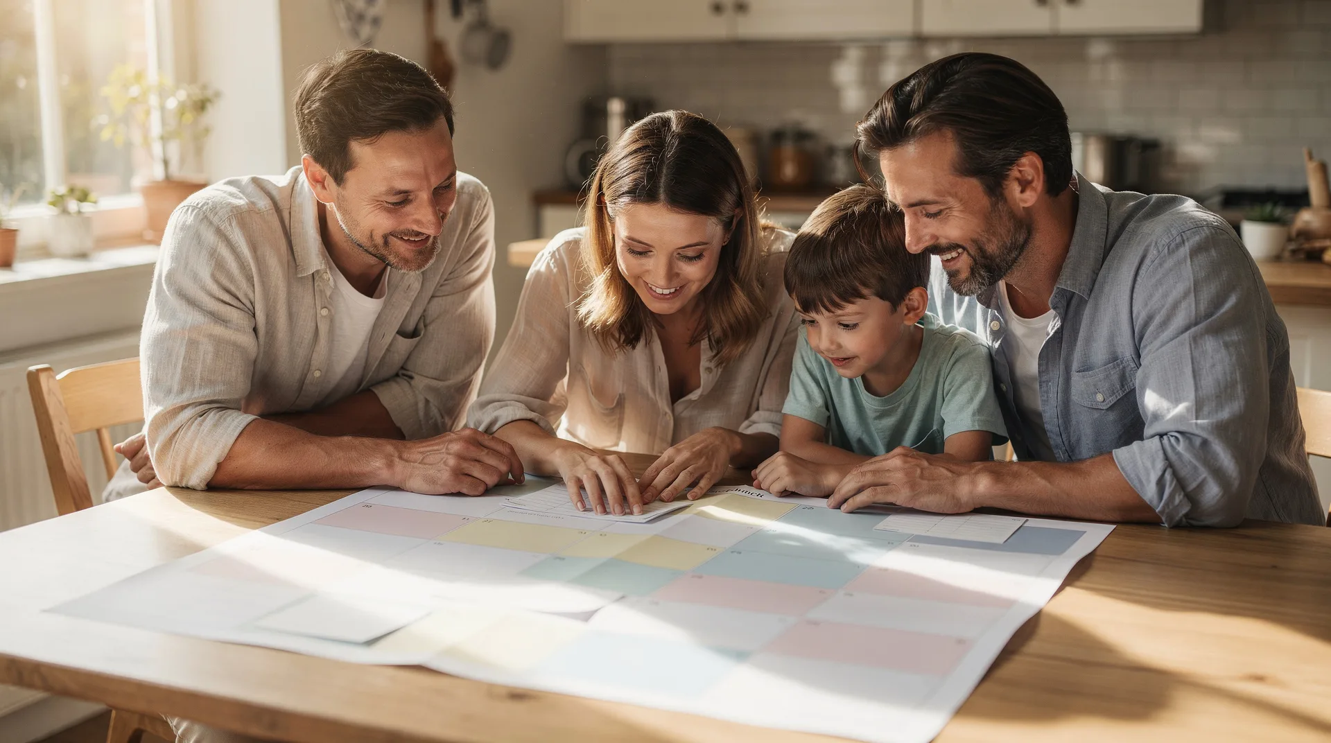 Familia en verano revisando un calendario de gastos fijos anuales en una hoja de papel sobre la mesa