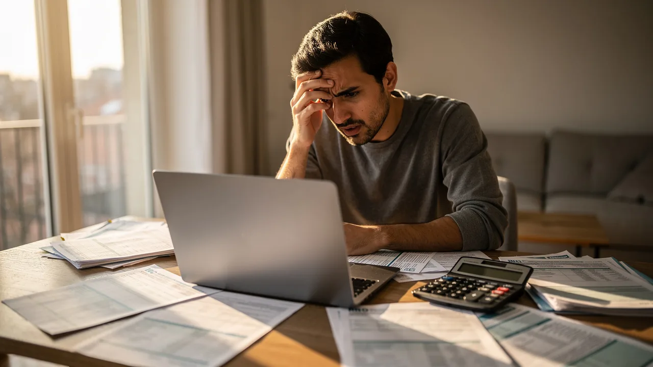 Spanish person looking worried while reviewing tax documents on laptop screen, calculator and papers