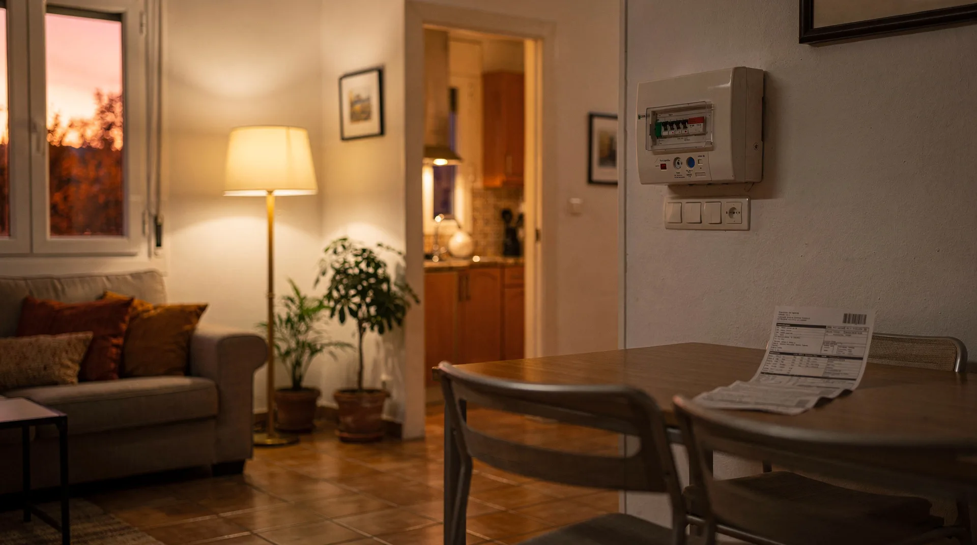 Hogar iluminado al anochecer con un contador de luz y una factura sobre la mesa