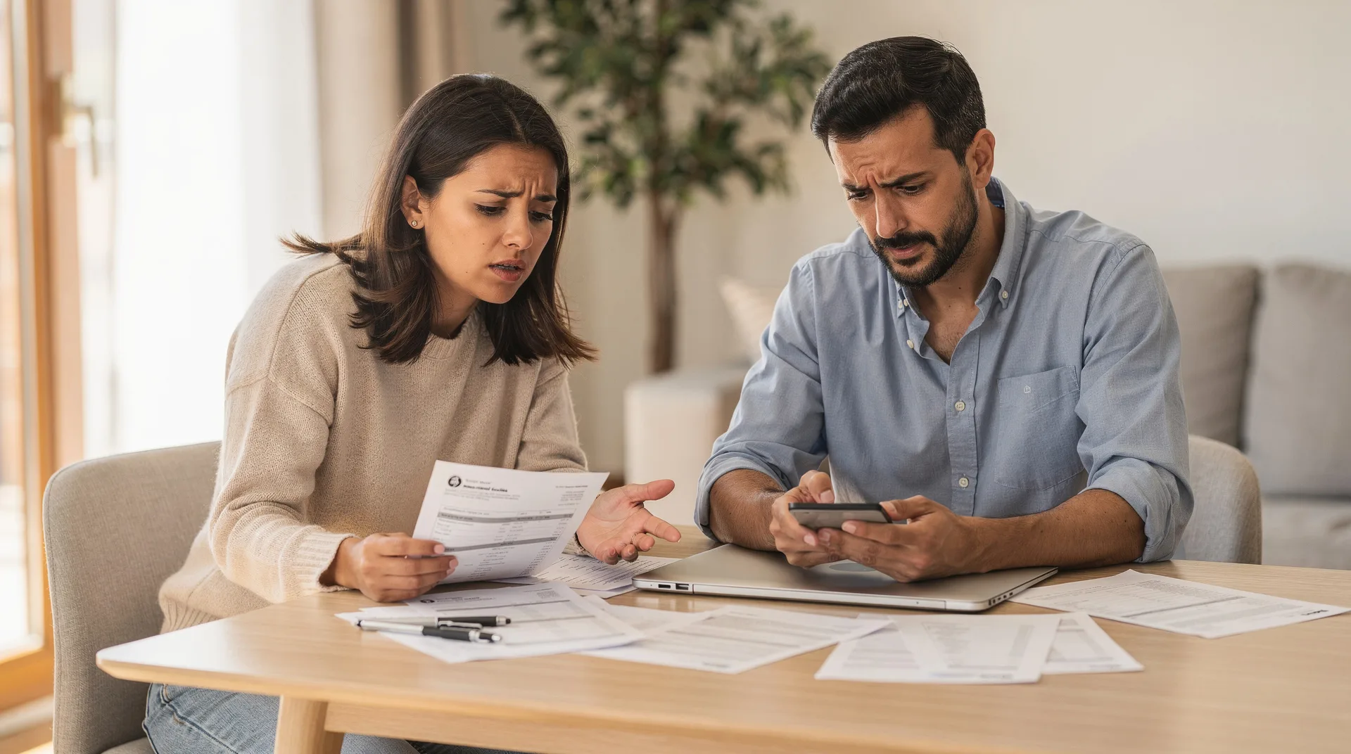 Happy Spanish couple looking worried while reviewing wedding budget papers and calculator at home, f