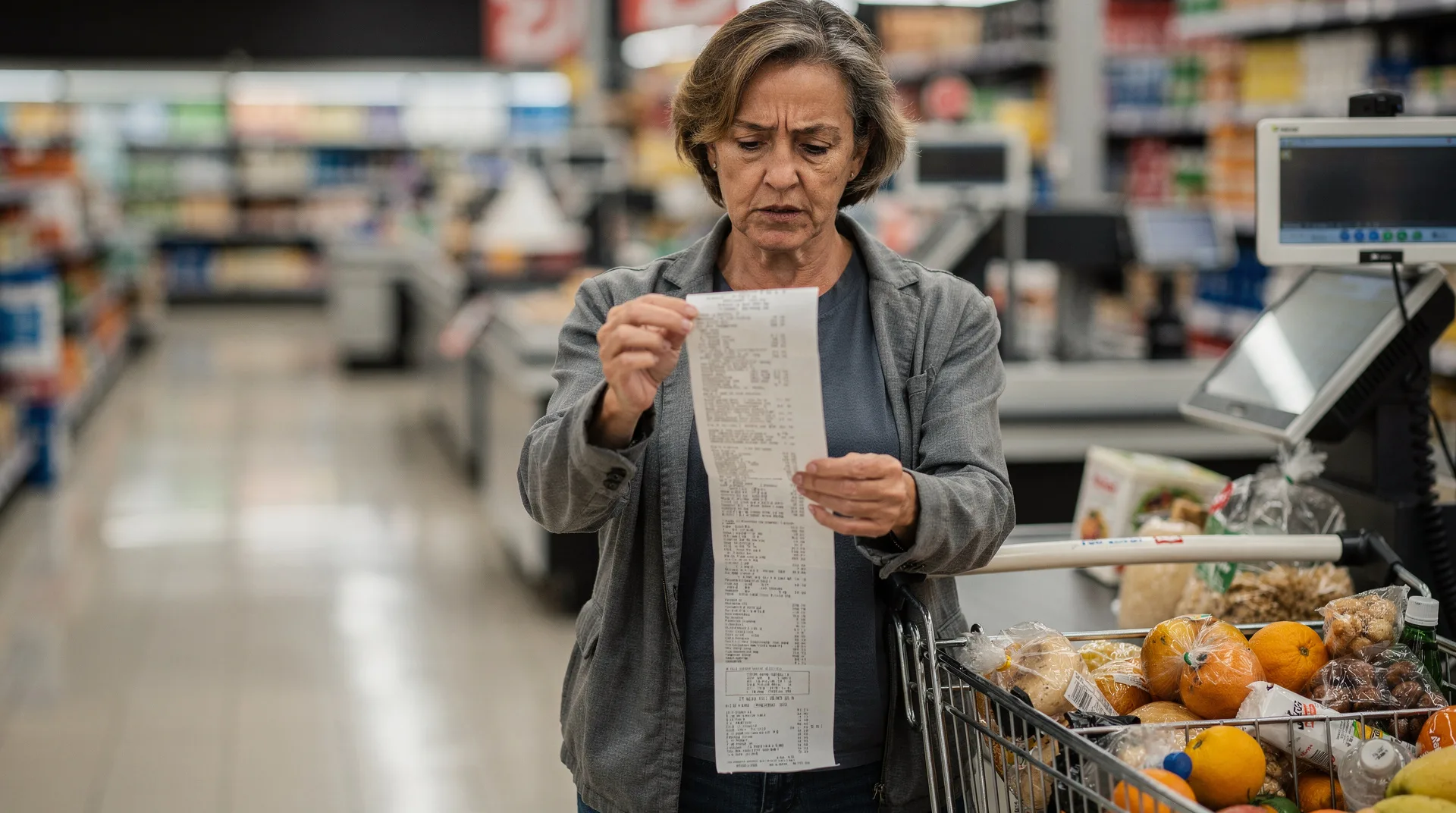 Persona en el supermercado revisando el ticket de compra con el coche aparcado al fondo en una calle española