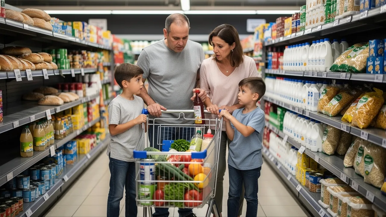 Spanish family grocery shopping in supermarket, worried expressions looking at prices, shopping cart