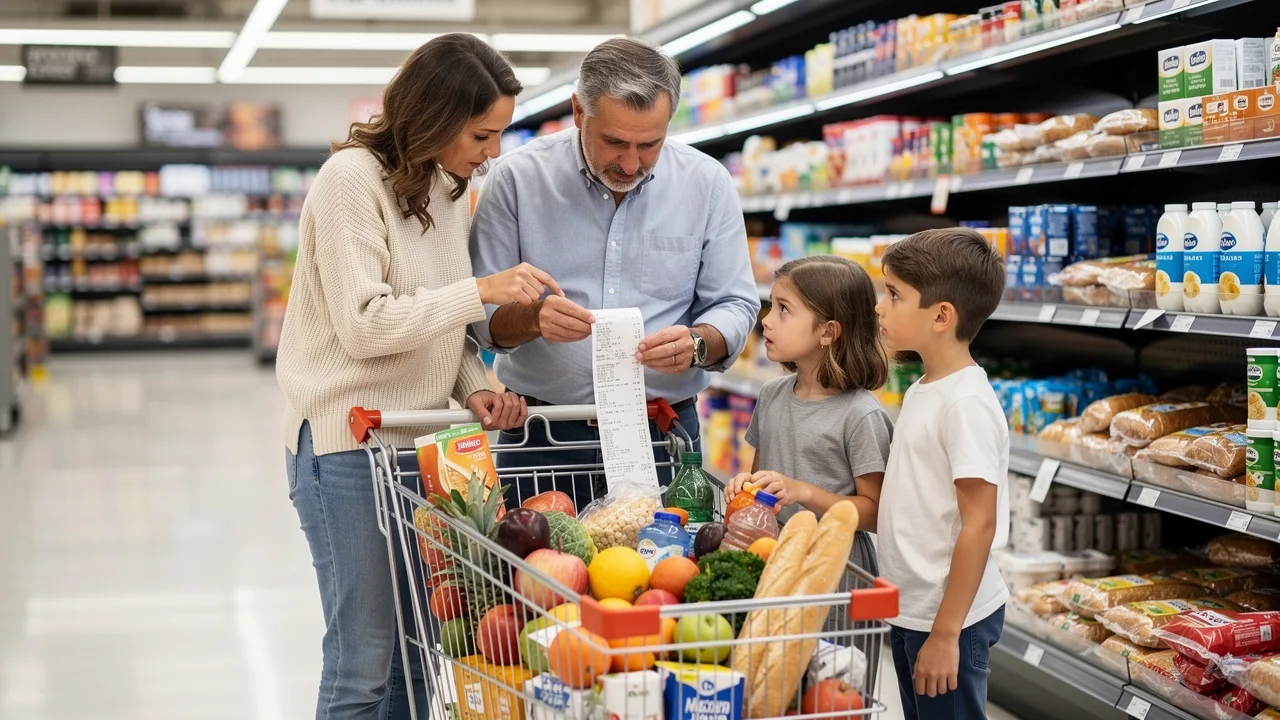 Spanish family shopping cart full of groceries in modern supermarket, worried parents looking at rec