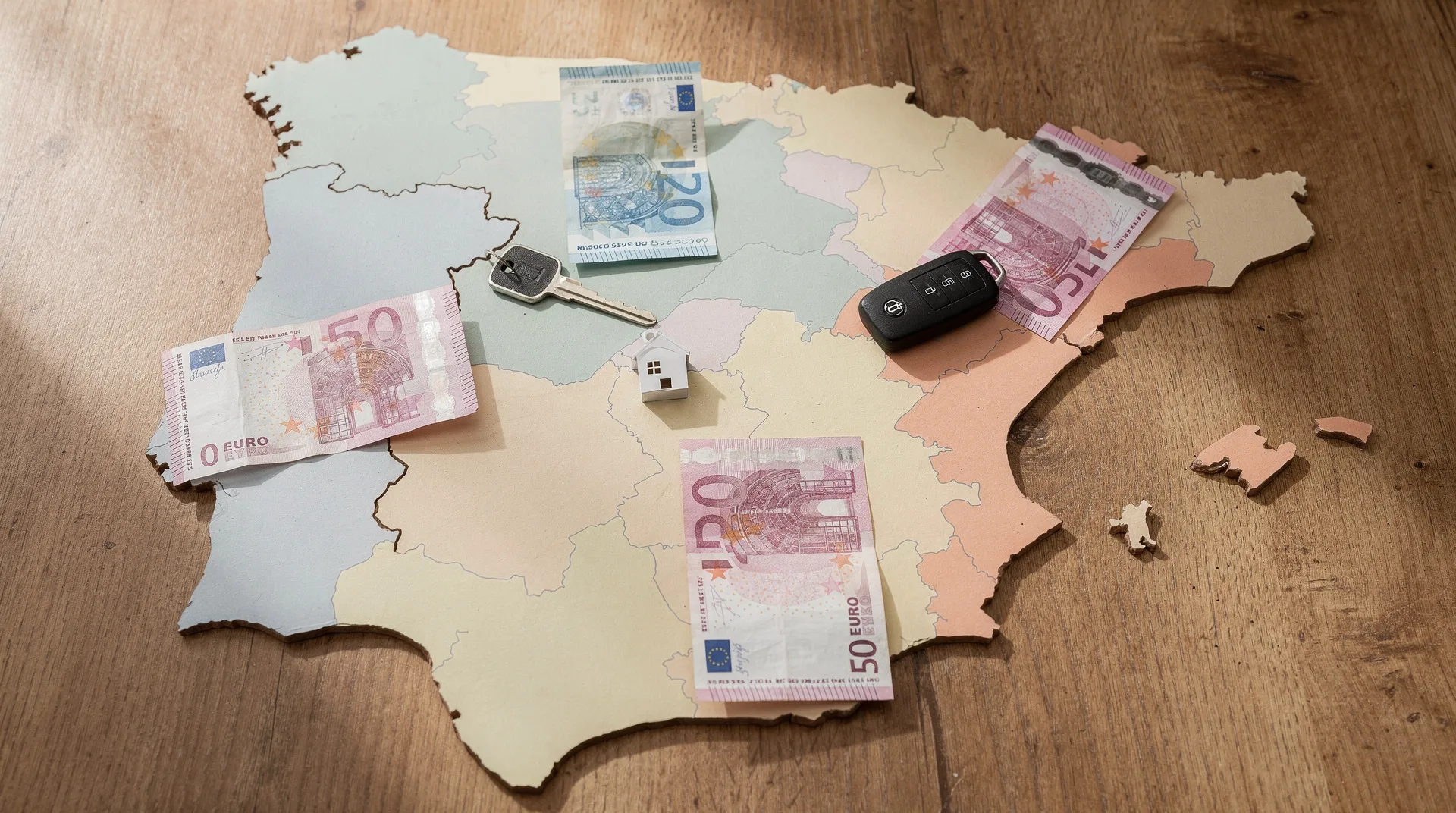 Mapa de España con billetes de euro y llaves de casa simbolizando diferencias de coste de vida entre ciudades