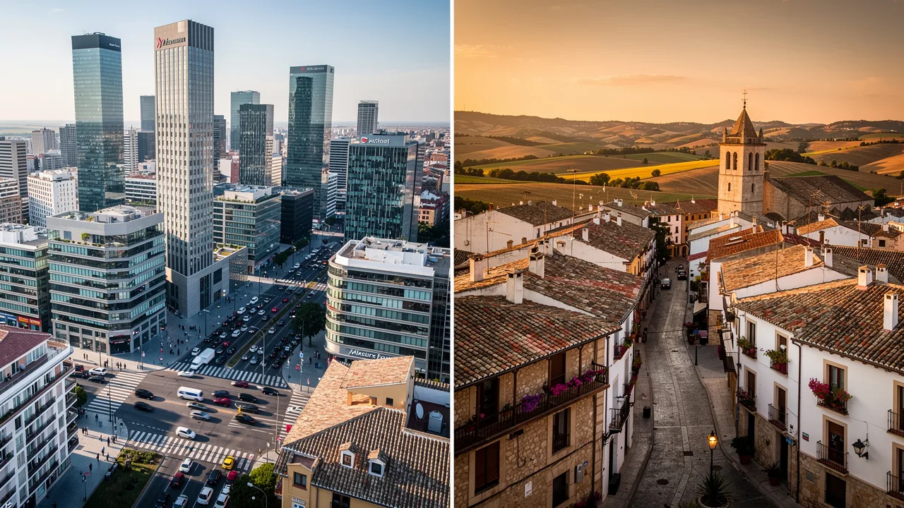 Aerial view comparison split screen showing expensive modern Madrid skyline on left versus charming 