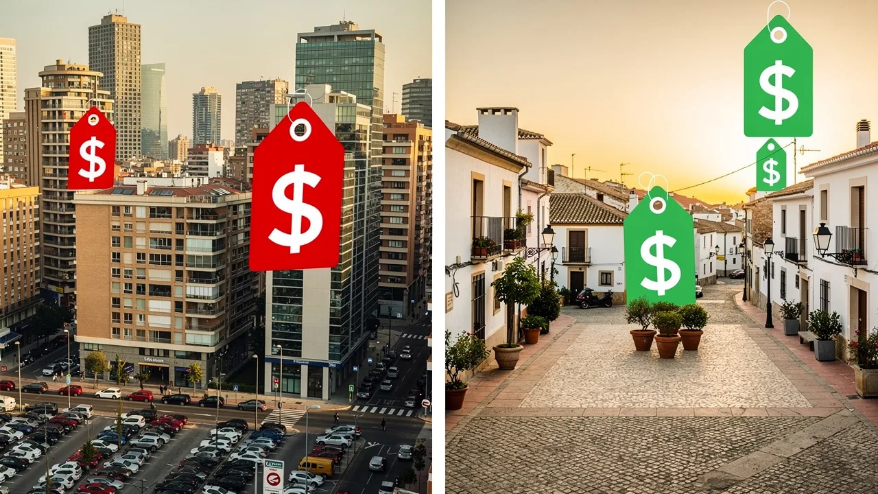 Split screen comparison showing expensive Spanish city with high-rise buildings and price tags versu