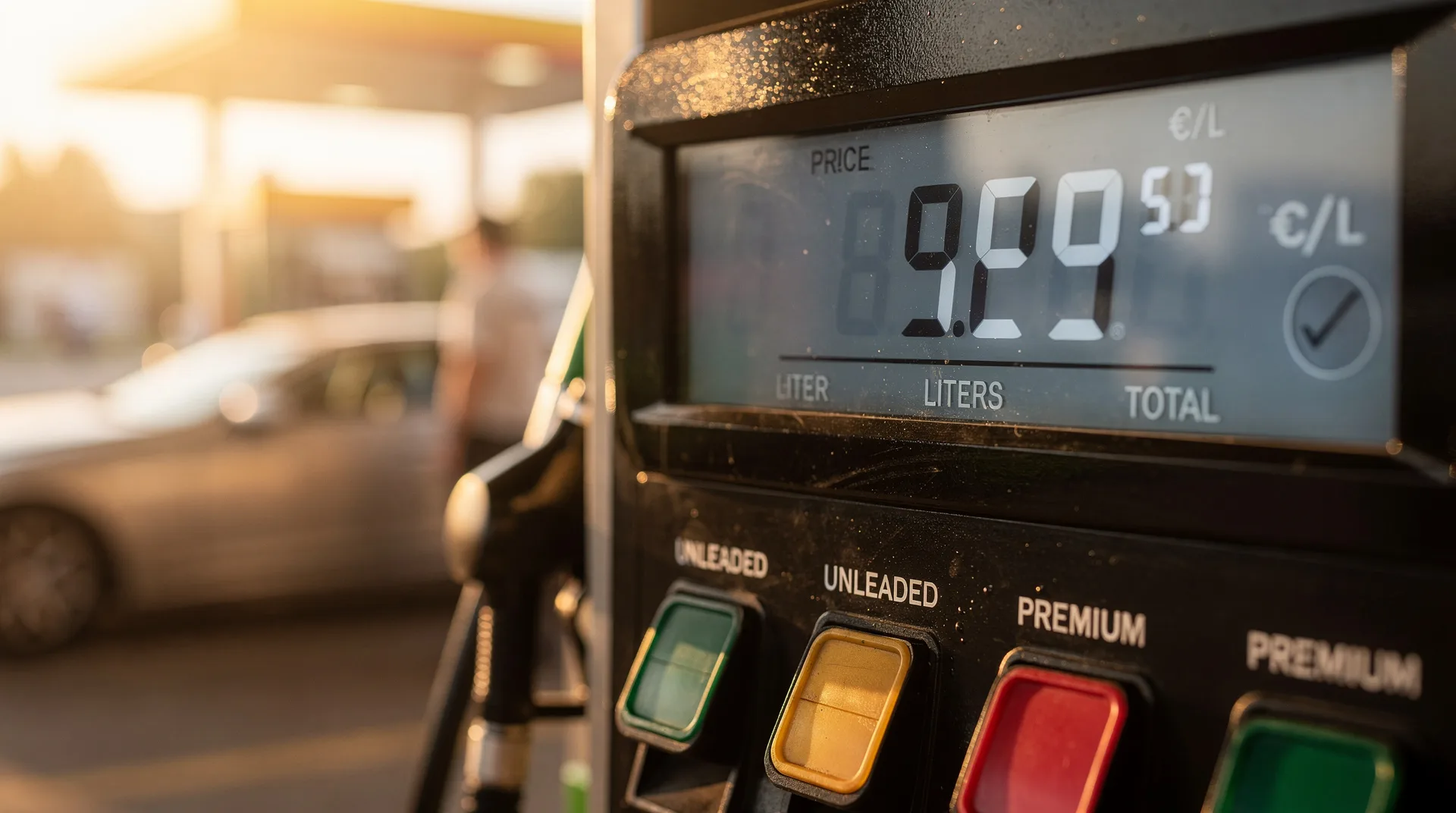 Surtidor de gasolinera mostrando un precio elevado por litro con un coche repostando al fondo