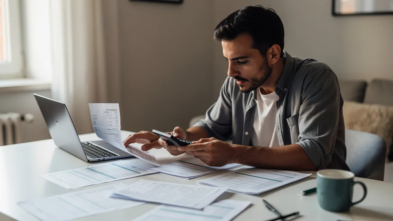 Spanish person reviewing bank statements at home desk with calculator and documents, focused express