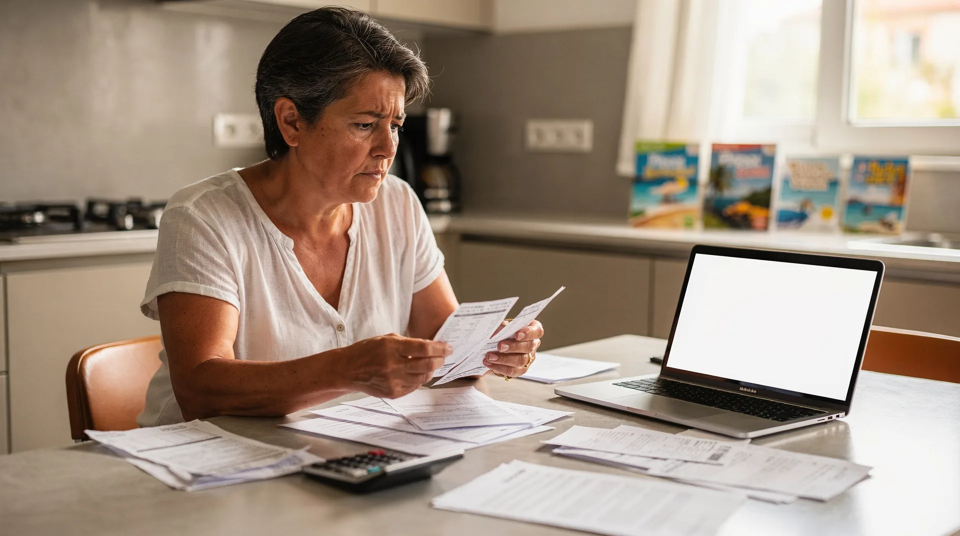 Middle-aged Spanish person holding bank statements and documents while sitting at kitchen table with
