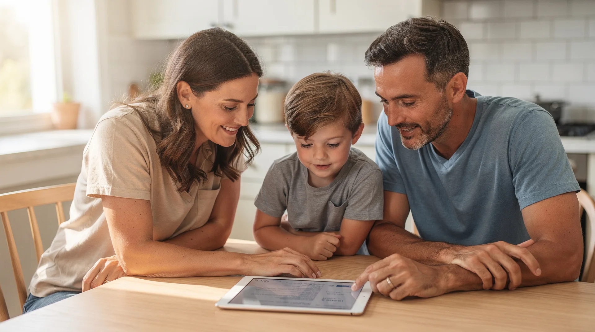Familia revisando el extracto bancario en una tablet en casa durante el verano para detectar comisiones evitables