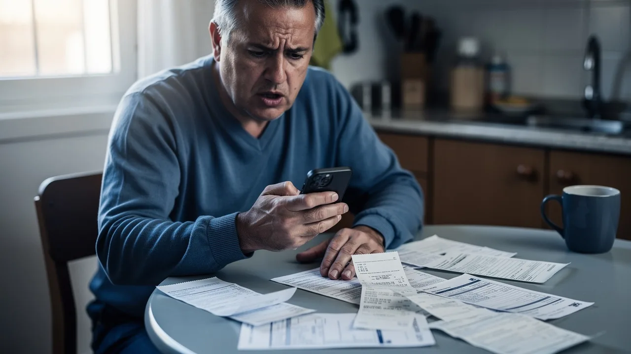 Spanish person checking bank statement on smartphone with worried expression, sitting at kitchen tab