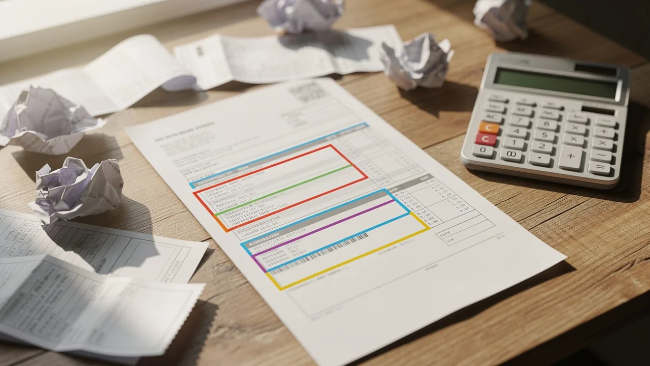 Close-up of Spanish bank statement with hidden fees highlighted, calculator and medical receipts on 