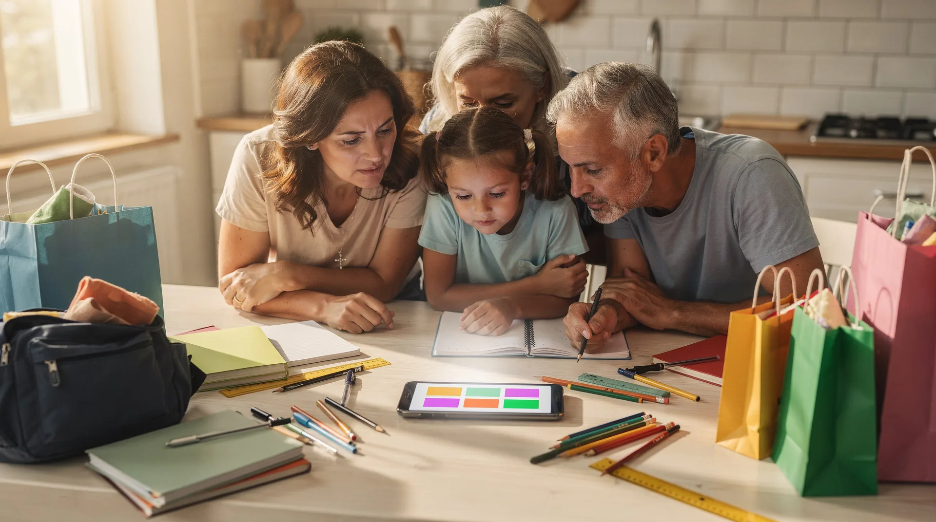 Familia revisando el móvil y las compras fraccionadas en agosto antes de la vuelta al cole