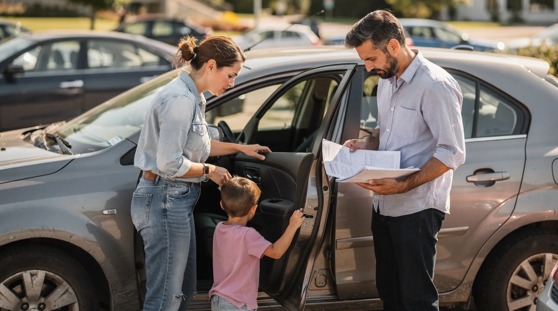Familia revisando un coche de segunda mano en un aparcamiento soleado durante el verano, mirando el interior y consultando documentos