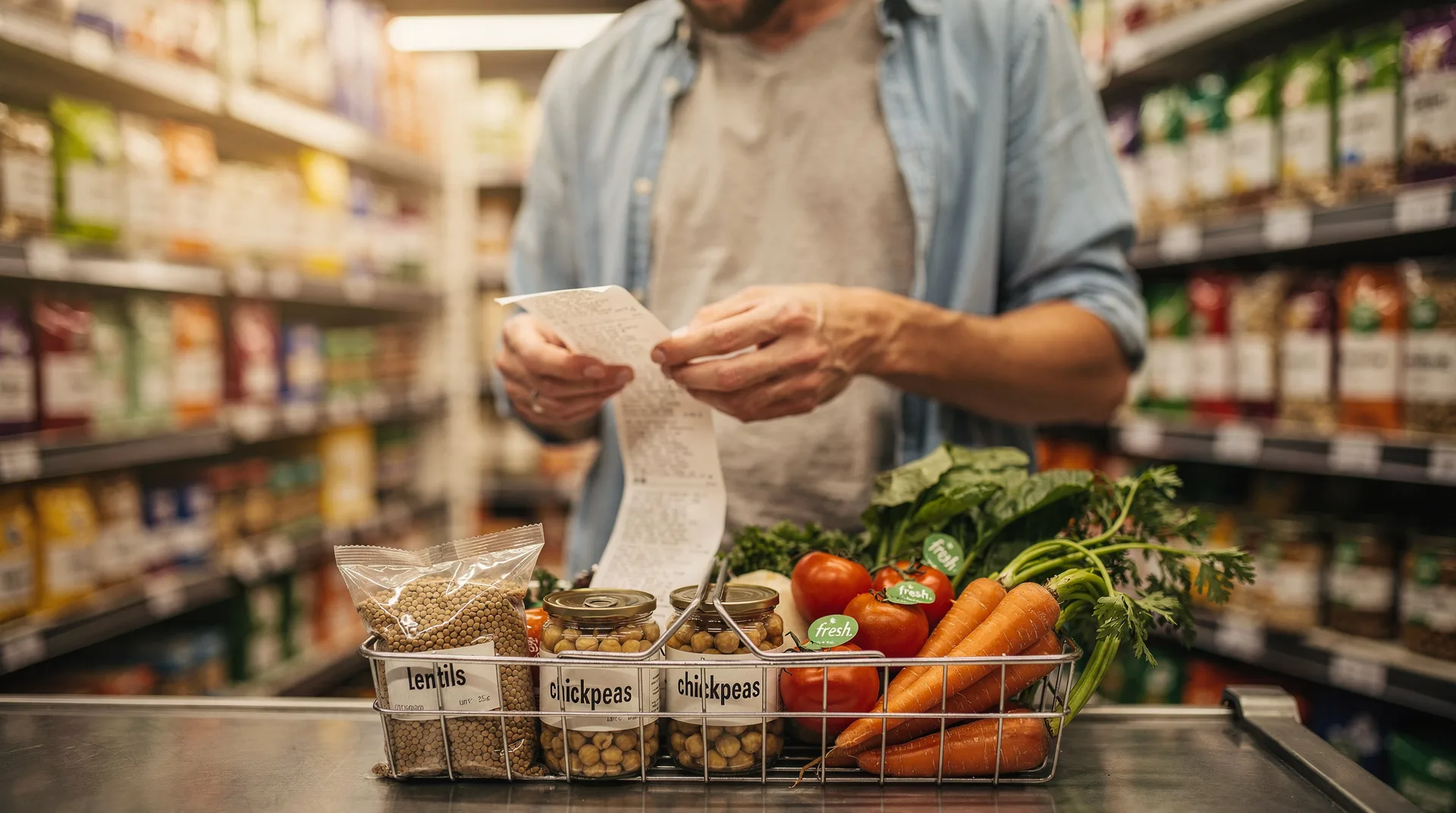 Persona revisando el ticket del supermercado junto a una cesta de la compra con legumbres y verduras