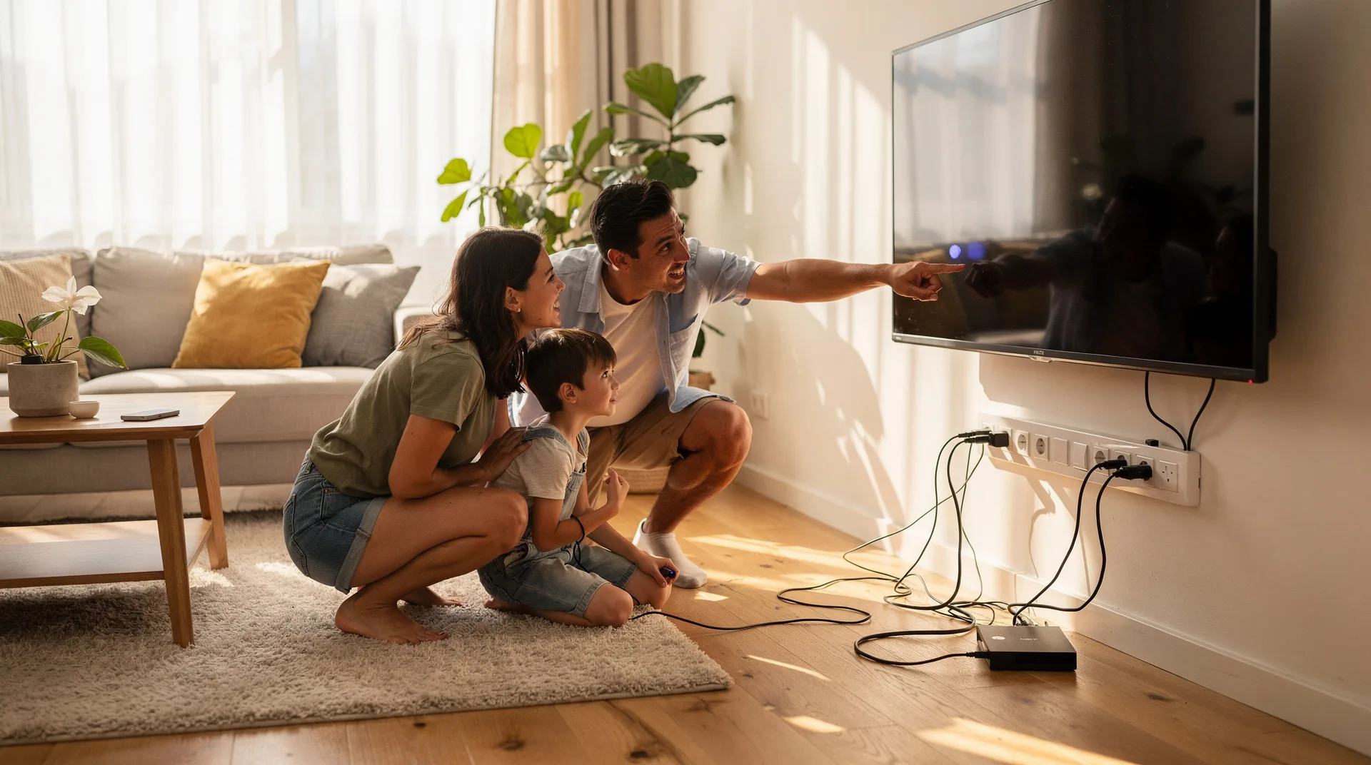 Familia mirando enchufes y regletas en el salón de casa durante el verano, identificando aparatos en standby para reducir el consumo eléctrico