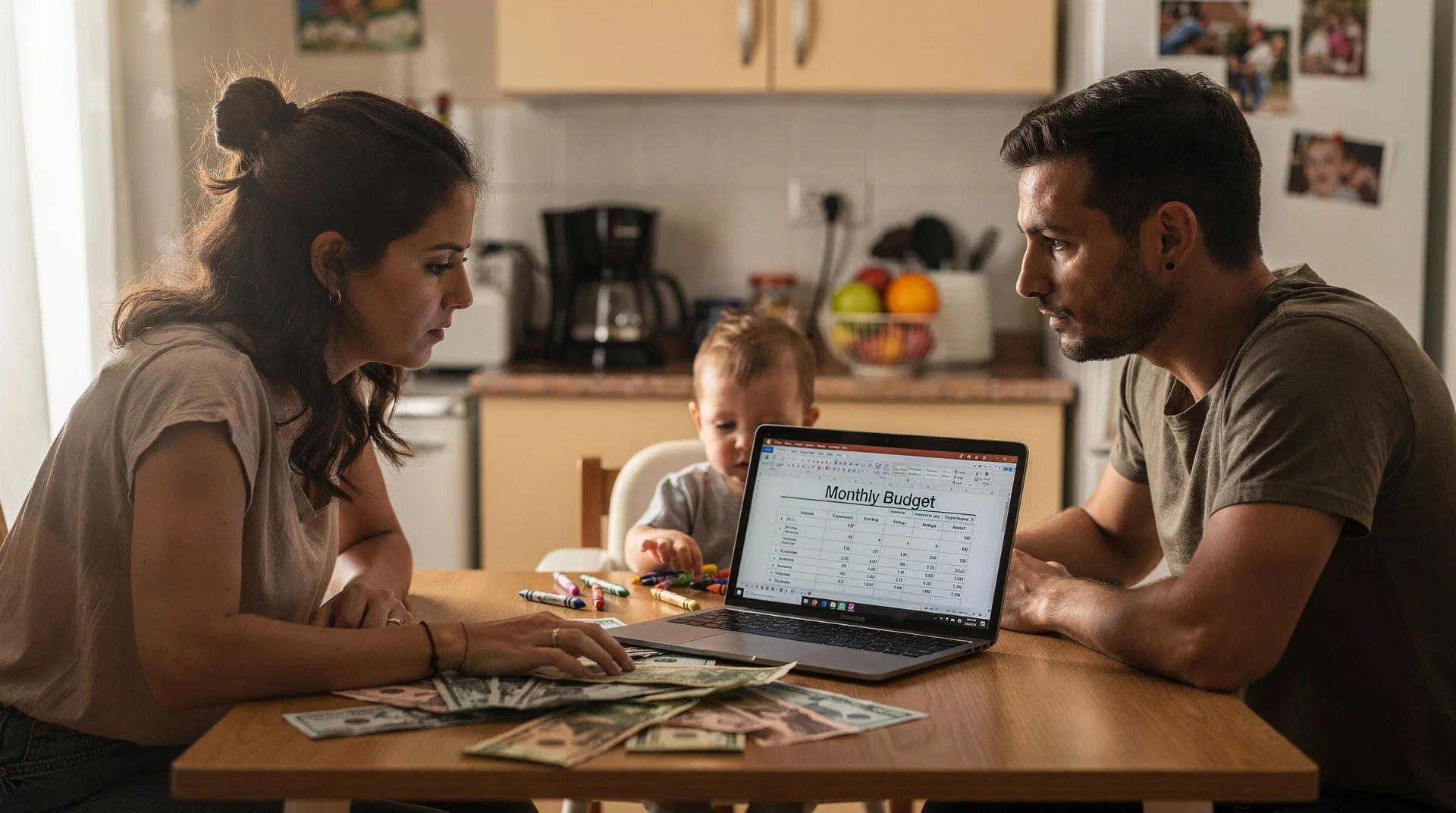 Familia española con hijo pequeño revisando facturas y gastos en la mesa del comedor de su casa.